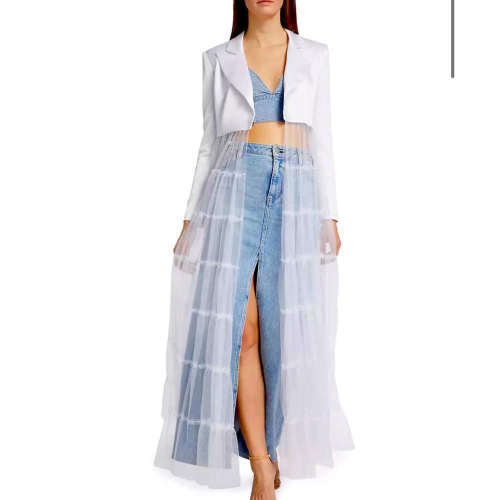 Alice + Olivia Everly Long White Tulle Blazer Bridal Jacket